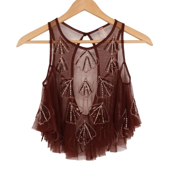 Free People Tops - Free People Tulsi Mesh Tank Top Womens Small Brown Sequin Embellished Cropped